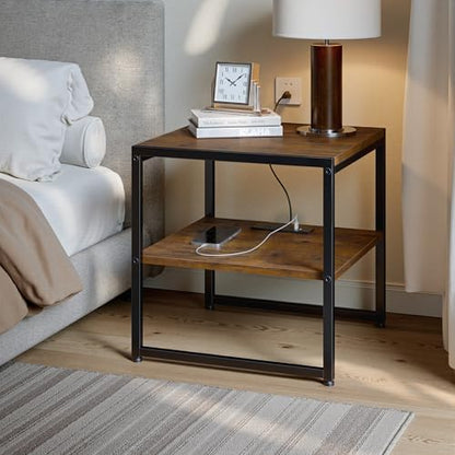 Tatub 20IN Rustic Brown End Table with Charging Station & USB Ports Outlets | Versatile Mini Fridge Table Printer Stand Nightstand for Bedroom Living Room - color: Rustic Brown