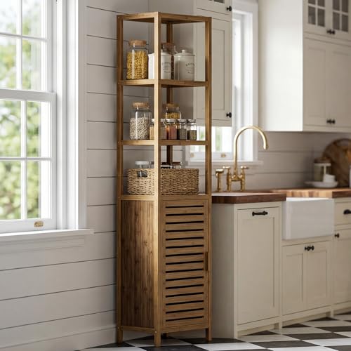 HITNET Bathroom Cabinet, Bamboo Floor Cabinet Freestanding Narrow Storage Unit with Removable Shelves, 6 Tier Tall Cabinet, Walnut - color: Walnut