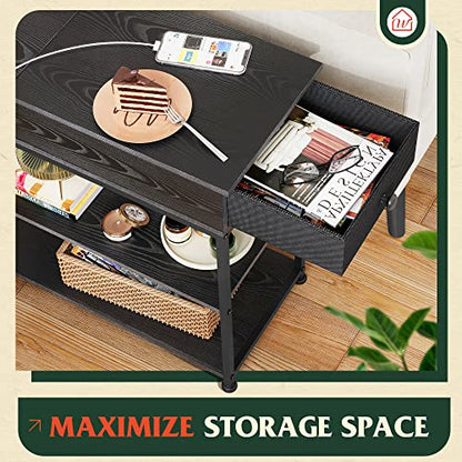 WLIVE Narrow Side Table with 2 USB Ports and 2 Outlets, Flip Top Black End Table with Drawer and Storage Shelves, Small Nightstand with Charging Station for Living Room/Bedroom - color: Black