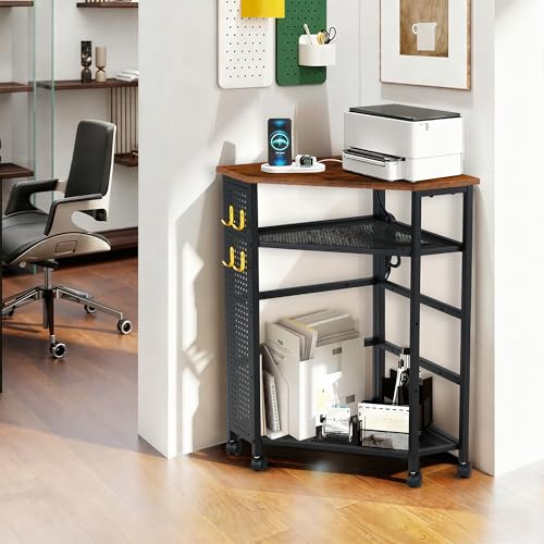 HOMREST Corner Table with Charging Station, 3-Tier Corner Shelf Stand with Metal DIY Panel, Rolling Storage Table on Detachable Wheels for Kitchen, Living Room, Small Space, Rustic Brown