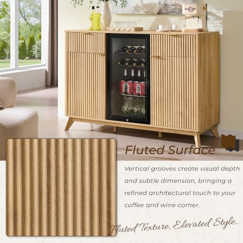 OKD 60" Fluted Coffee Bar Cabinet with Mini Fridge Space, Natural Oak | Mini Fridge Compatible, Built In Charging Station, 3 Stemware Racks, 2 Drawers, 2 Cabinets, Home Bar Cabinet Storage - color: Natural Oak