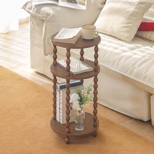 AWASEN Small Round End Table, Round Side Table with 3-Tier Open Shelf for Small Spaces, Wood Accent Table Nightstand for Bedroom, Living Room, Office, Walnut Brown - color: Walnut Brown