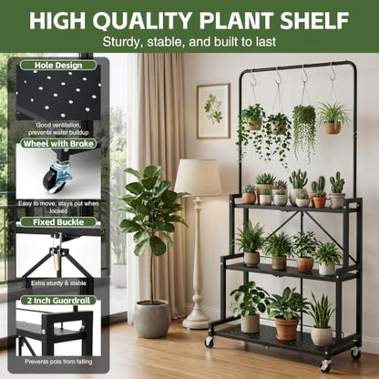 Foldable 4-Tier Plant Stand Indoor Outdoor Hanging Plant Shelf No Assembly Required Pot Placement Area With Wheels Sturdy Fall Prevention Storage Shelf Flower Pot Stand