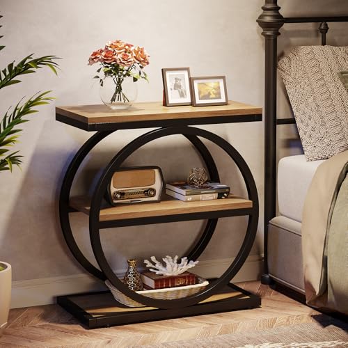Tribesigns Side End Table with 3 Storage Shelves, Industrial Sofa Table with Round Metal Frame for Living Room, Engineered Wood Nightstand for Bedroom, Oak - color: Oak
