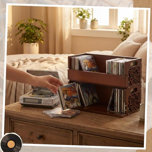 CroBlissful 2 Set Wooden Cd Holder, Stackable Cd Storage Rack with Handles, Magnetic Front-opening Design, Compact Media Organizer for Home Office & Living Room, Each Set Holds up to 36 Cases (Brown)