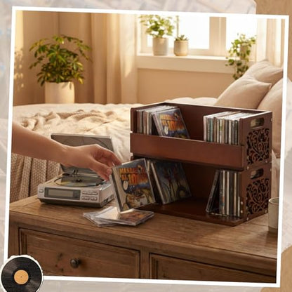 CroBlissful 2 Set Wooden Cd Holder, Stackable Cd Storage Rack with Handles, Magnetic Front-opening Design, Compact Media Organizer for Home Office & Living Room, Each Set Holds up to 36 Cases (Brown)