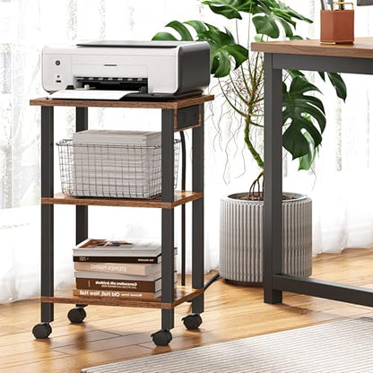 TUTOTAK Printer Stand, 3 Tier Rolling Printer Cart with Charging Station | Small Under Desk Printer Table with Wheels for Small Space, Office, Home, Brown PS02BB001 - color: Brown, size: 3 tier(15.7 x 11.8 x 23.6inchs)