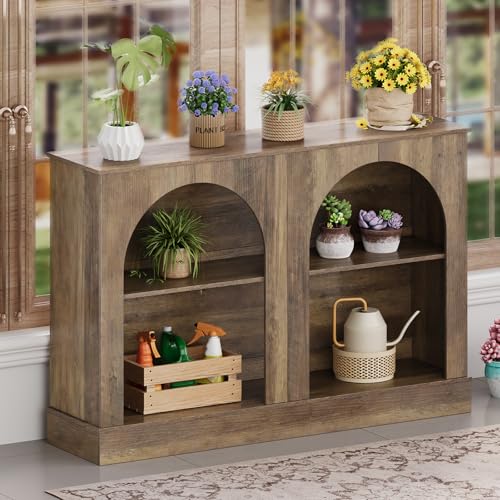 GiftGo Farmhouse Console Table 47-Inch Narrow Entryway Table with 3 Tier Storage, Wooden Rectangular Sofa Table Behind The Couch for Entrance, Hallway, Living Room,Elegant Arch (Rustic Brown, L-47)
