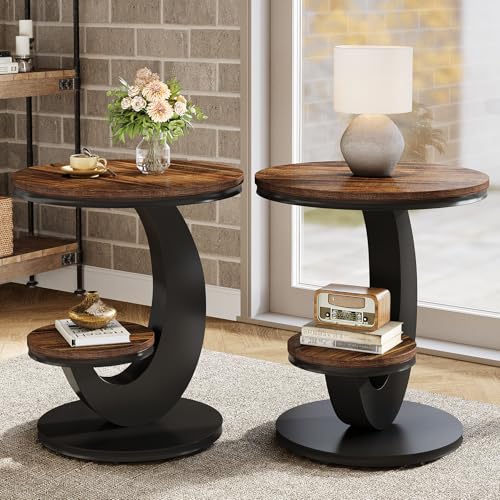 Tribesigns Round End Table Set of 2, 2 Tiers Side Table with Storage Shelf, Sofa Side Bedside Nightstand with Rustic Wood and Metal Arc-Shaped Frame for Small Spaces, Living Room, Bedroom (2PCS) - color: Brown
