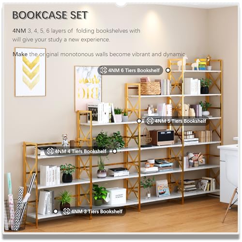 4NM 6 Tiers No Assembly Book Shelves, 61.8" H Folding Bookshelf Bookcase Open Industrial Foldable Shelves for Bedroom, Living Room, Home Office - White Gold - color: White Gold, size: XX 6-Tier