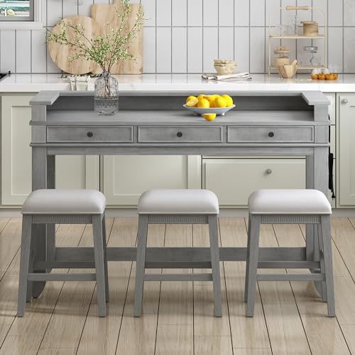 4-piece Dining Bar Table Set with 3 Upholstered Stools, Rubber Wood Counter Height Multifunctional Dining Table with 3 Drawers and USB Port, Side Table with Footrest Pub Kitchen Set (Grey-N2) - color: Grey-n2