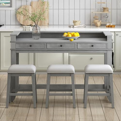 4-piece Dining Bar Table Set with 3 Upholstered Stools, Rubber Wood Counter Height Multifunctional Dining Table with 3 Drawers and USB Port, Side Table with Footrest Pub Kitchen Set (Grey-N2) - color: Grey-n2