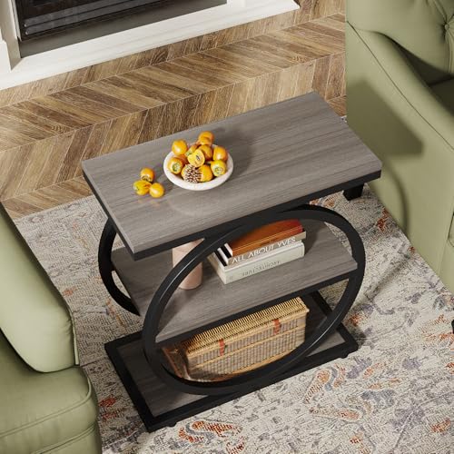 Tribesigns End Table, Narrow End Table with 3 Storage Shelves, Wood Side Table with Black Metal Frames, Industrial Small Sofa Side Table for Living Room, Grey Nightstand and Bedside Table for Bedroom - color: Grey and Black