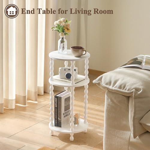 AWASEN Small Round Side Table, White End Table with 3-Tier Open Shelf for Small Spaces, Round Bedside Table Nightstand for Bedroom, Living Room, Office, White - color: White