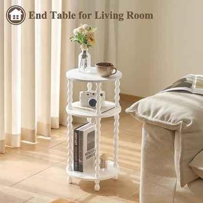 AWASEN Small Round Side Table, White End Table with 3-Tier Open Shelf for Small Spaces, Round Bedside Table Nightstand for Bedroom, Living Room, Office, White - color: White