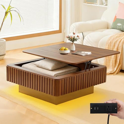 Lift Coffee Table with Hidden Storage & Adjustable Height, 35.4" Modern Fluted RGB LED Center Table with Charging Station, Wooden Accent Tea Table for Living Room & Small Apartment (Square) - size: Square