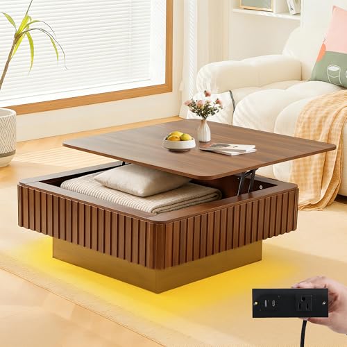 Lift Coffee Table with Hidden Storage & Adjustable Height, 35.4" Modern Fluted RGB LED Center Table with Charging Station, Wooden Accent Tea Table for Living Room & Small Apartment (Square) - size: Square