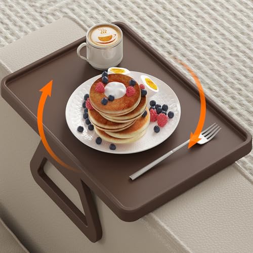 Lifewit Plastic Rotating Couch Armrest Table, Adjustable Sofa Arm Clip Holder Tray for Snack/Fast Food/Fruit/Drink, Large Foldable Stable Sofa Table with Reinforced Clamp, Brown - color: Brown