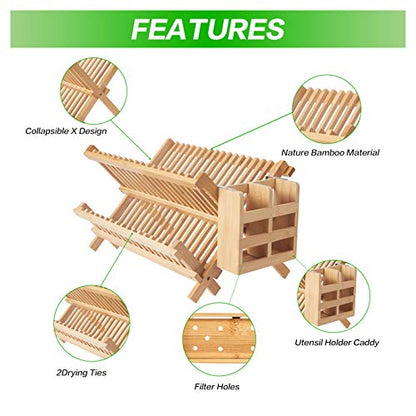 NOVAYEAH Bamboo Dish Drying Rack-2 Tier, Collapsible Small Dish Rack with Utensil Holder, Wooden Drying Rack for Kitchen Counter, Apartment Essentials Kitchen Plate Holder Organization 34 pcs Grid - color: 2-tier (Bamboo)