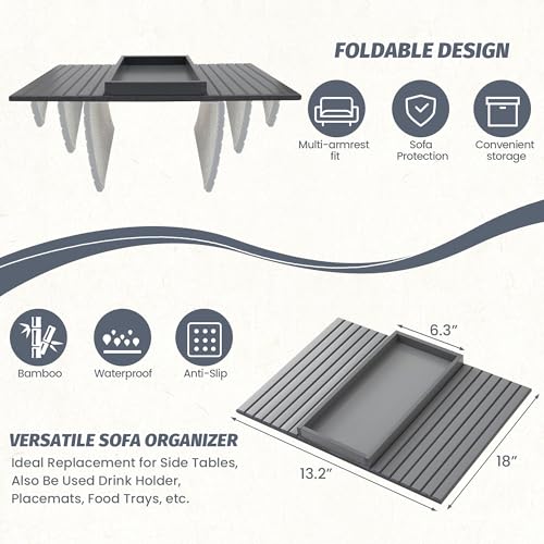 GEHE Bamboo Sofa Arm Tray, Foldable Couch Arm Tray Side Table, Anti-Falling Armrest Tables Cup Holder for Snacks, Drinks, Beers, Phone, Control, Flexible and Portable, Anti-Slip - color: Gray