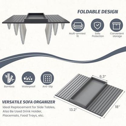GEHE Bamboo Sofa Arm Tray, Foldable Couch Arm Tray Side Table, Anti-Falling Armrest Tables Cup Holder for Snacks, Drinks, Beers, Phone, Control, Flexible and Portable, Anti-Slip - color: Gray