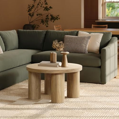 LuxenHome Round Coffee Table with 4 Pillar Legs, 27.5'' Wide Accent Center Table, Modern Farmhouse Oak Finish Wooden Low Cocktail Tea End Table with Sturdy Base for Living Room Home Office - color: Dark Oak-l