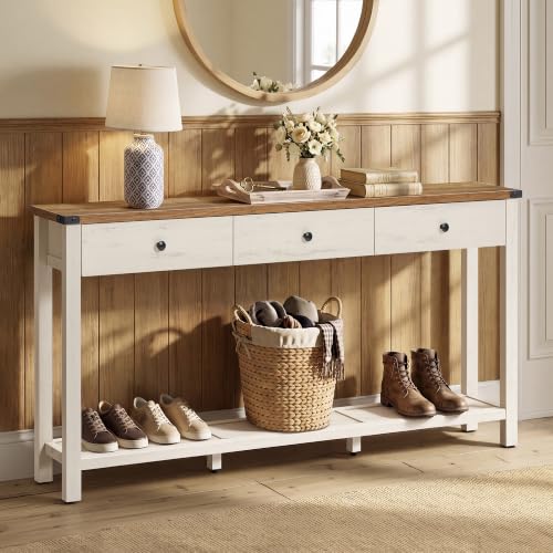 VASAGLE LIRY Collection Narrow Console Table with 3 Drawers | Long Sofa Table with Storage Shelf, Honey Brown and Rustic White, 9.4 x 63 x 29.9 Inch, ULNT148W101 - color: Honey Brown + Rustic White, size: 9.4"D x 63"W x 29.9"H
