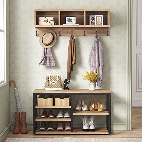 Tribesigns Coat Rack Set, Hall Tree, Industrial Shoe Bench, 3 Storage Cubbies, 7 Hooks for Entryway, Hallway, 5-in-1Design, Vintage Oak - color: Vintage Oak