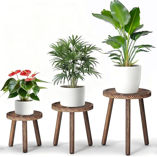 3 Pack Plant Stand Indoor Outdoor Mid-Century Modern Plant Stool Wooden Plant Pot Holder Home Decor for Gardening Living Room,Balcony,Office (Heavy Burnt Color, 3 Pack) - color: Heavy Burnt Color
