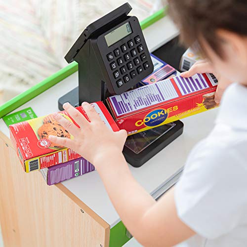 Teamson Kids Cashier Austin Interactive Wooden Play Market Stand with Lights and Sounds, Manual Conveyor Belt, Register and Display Spaces, Green and White Décor on Natural Wood | Manual Conveyor Belt, Scanner, Display Shelves, Green and Natural, Educatio