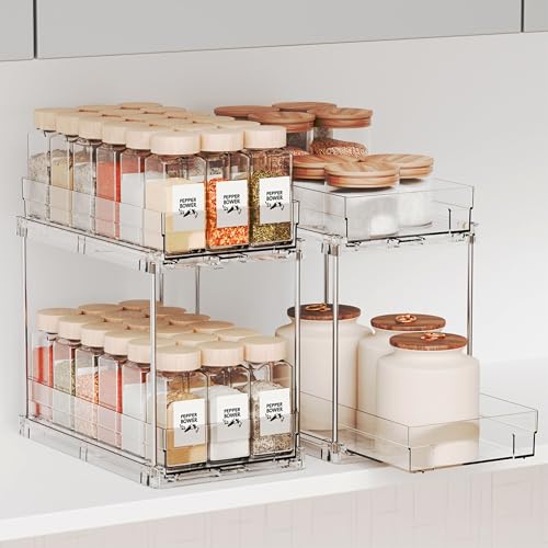 2 Pack 2 Tier Vertical Spice Rack Pull Out,10.4'' Deep Narrow Slide Out Spice Rack Organizer for Inside Cabinets,Kitchen,Pantry,Cupboard Seasoning,Can,Jar Organizer and Medicine Cabinet Storage - color: Clear-2 Drawer