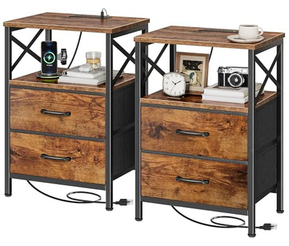 Huuger Nightstands Set of 2, Night Stand with Charger Station, 2 Drawer Side Table with Open Shelf, USB-C Port, End Table for Small Spaces, X Shaped Side Rail, Rustic Brown - color: Rustic Brown