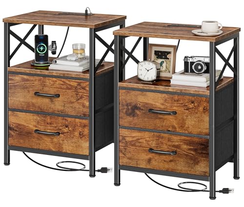 Huuger Nightstands Set of 2, Night Stand with Charger Station, 2 Drawer Side Table with Open Shelf, USB-C Port, End Table for Small Spaces, X Shaped Side Rail, Rustic Brown - color: Rustic Brown