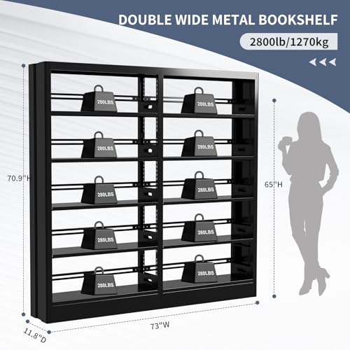 70.9" H Metal Bookshelf, Adjustable Bookcase, 5-Tier Heavy Duty Bookshelf with Bookend, Tall Bookshelves, Bookcase Shelf for Living Room, Office, Library,Classroom (Black-72.8W) - color: Black, size: 72.8" Wide
