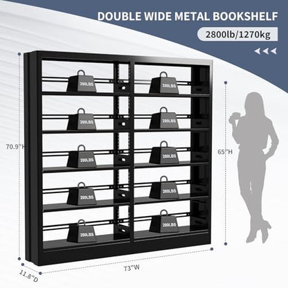 70.9" H Metal Bookshelf, Adjustable Bookcase, 5-Tier Heavy Duty Bookshelf with Bookend, Tall Bookshelves, Bookcase Shelf for Living Room, Office, Library,Classroom (Black-72.8W) - color: Black, size: 72.8" Wide
