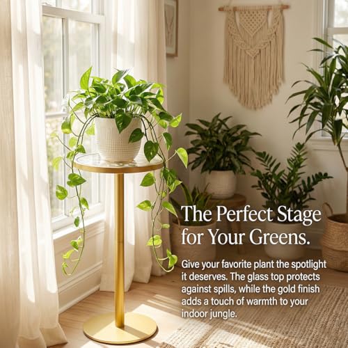 Gold Drink Table, Indoor Outdoor Small Round Side Table with Tempered Glass Top & Scroll Design, 24.7" Metal Pedestal End Table for Living Room, Patio, Small Spaces, Weather Resistant - color: Gold