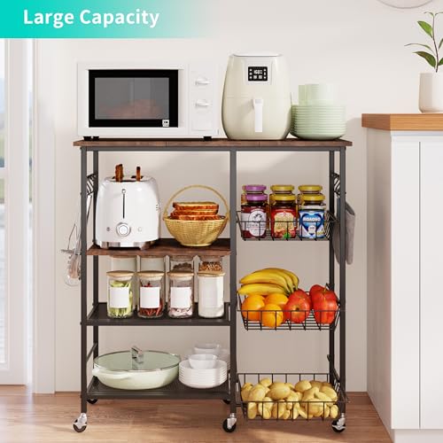 HapiRm Rolling Kitchen Microwave Cart - 4 Tier Microwave Table Stand with Pull-Out Baskets, Coffee Bar Baker's Rack with Wheels Rolling Storage Cart Organizer Shelf for Living Room Office, Balcony - color: Brown-xl