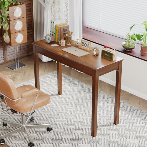 Solid Wood Desk with Drawers - 39" Narrow Desks for Small Spaces, Mid Century Modern Desks, Small Wooden Vintage Computer Writing Desk, Study Table for Home Office Bedroom, Walnut