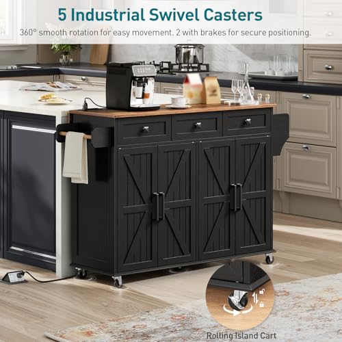 RALGEND Kitchen Island with Drop Leaf & Power Outlet, Rolling Kitchen Island Cart On Wheels, Barn Door Kitchen Island Table with Storage, Island Table for Kitchen, Black and Rustic Brown - color: Black + Rustic Brown