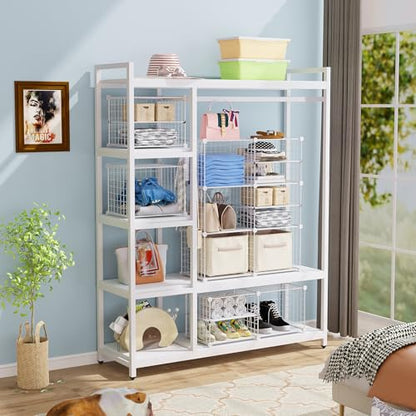 C&AHOME Wire Cube Storage Unit, Interlocking Metal Wire Organizer with Divider Design, Modular Cabinet with Plastic Panels, Bookshelf Stackable Closet Organizer with Small Hooks, White UWCSIM08W - color: White