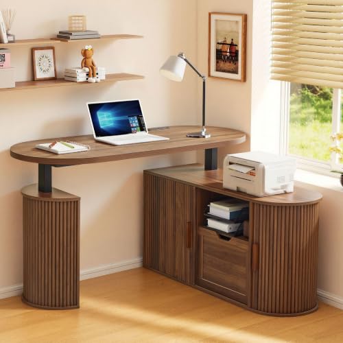 55" L Shaped Standing Desk with Storage, Oval Electric Desk Height Adjustable Executive Desk with File Drawer, Fluted Wood Desk Office Sit Stand up Desk for Work, Study, Writing, Walnut - color: 55'' L Shape Walnut