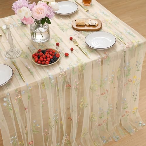 Horaldaily Embroidery Flower Champagne Tablecloth 52×70 Inch Rectangular | Spring Summer Gauze Tablecloth, Seasonal Tulle Table Cover, Garden Party Decor, Resuable,Washable - color: Champagne, size: 52" x 70" (Rectangular)