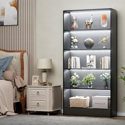 CODACE Tall Wooden 5-Tier Black Bookshelf - Display Cabinet with LED Lights | Lighted Book Shelves, Display Case for Collectibles, Manga ,Figures, Modern Bookcase for Bedroom, Living Room, Gaming room - size: 5 Tiers - 10.2"D x 27.5"W x 65"H