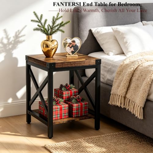 Industrial End Table for Living Room, 18" Large Square Side Table with 2-Tier Storage Shelf, X-Design Metal Frame, Rustic Brown Modern Farmhouse Nightstand Bedside Table for Bedroom Office