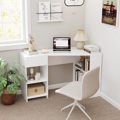 Giantex White Desk with Drawer, 48 Inch Corner Desk with Storage Shelves, Laptop PC Table for Workstation, Vanity Table for Bedroom, Modern Wood Executive Study Writing Table for Small Space