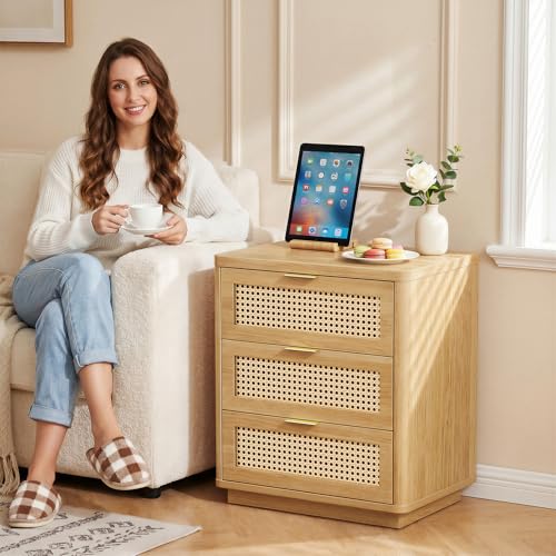 Kalrin Rattan Nightstand with Charging Station, 3 Drawers, Light Oak | 3 Drawers End Table with Storage, Wood Bedside Tables, Boho Larger Night Stand for Bedroom Office - color: Light Oak