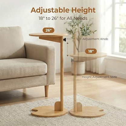 Bamboo Side Table for Sofa - Adjustable Height C Shaped End Tables for Small Spaces, Couch, Bedside, Living Room, 12.6x12.6x26 Inch TV Tray Round Stand for Drink, Snack, Coffee (Natural) - color: Natural