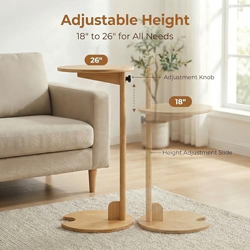 Bamboo Side Table for Sofa - Adjustable Height C Shaped End Tables for Small Spaces, Couch, Bedside, Living Room, 12.6x12.6x26 Inch TV Tray Round Stand for Drink, Snack, Coffee (Natural) - color: Natural
