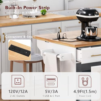 60" Kitchen Island with Trash Can Storage Cabinet and Power Outlet | Rolling Kitchen Cart on Wheels with Rubber Wood Drop Leaf Top, Spice Rack, Towel Rack and Adjustable Shelf, White - color: White