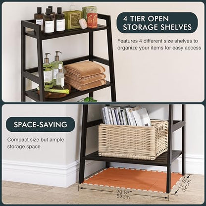 HITNET Black Bookshelf, 4-Tier Ladder Shelf, Freestanding Leaning Bookcase with Bamboo Shelves, Space Saving Flower Plant Stand for Small Space - color: Black